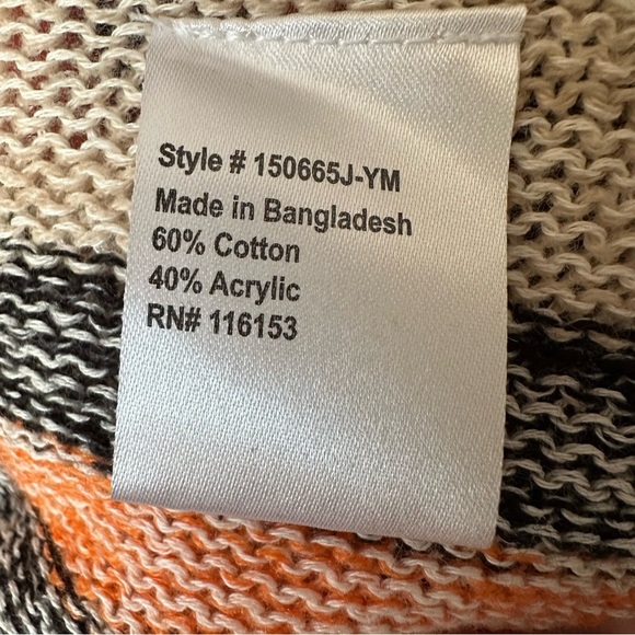 Poof Striped Knit Fringe Cardigan Sweater with Hoodie Cream Black Orange - Large - Picture 6 of 11